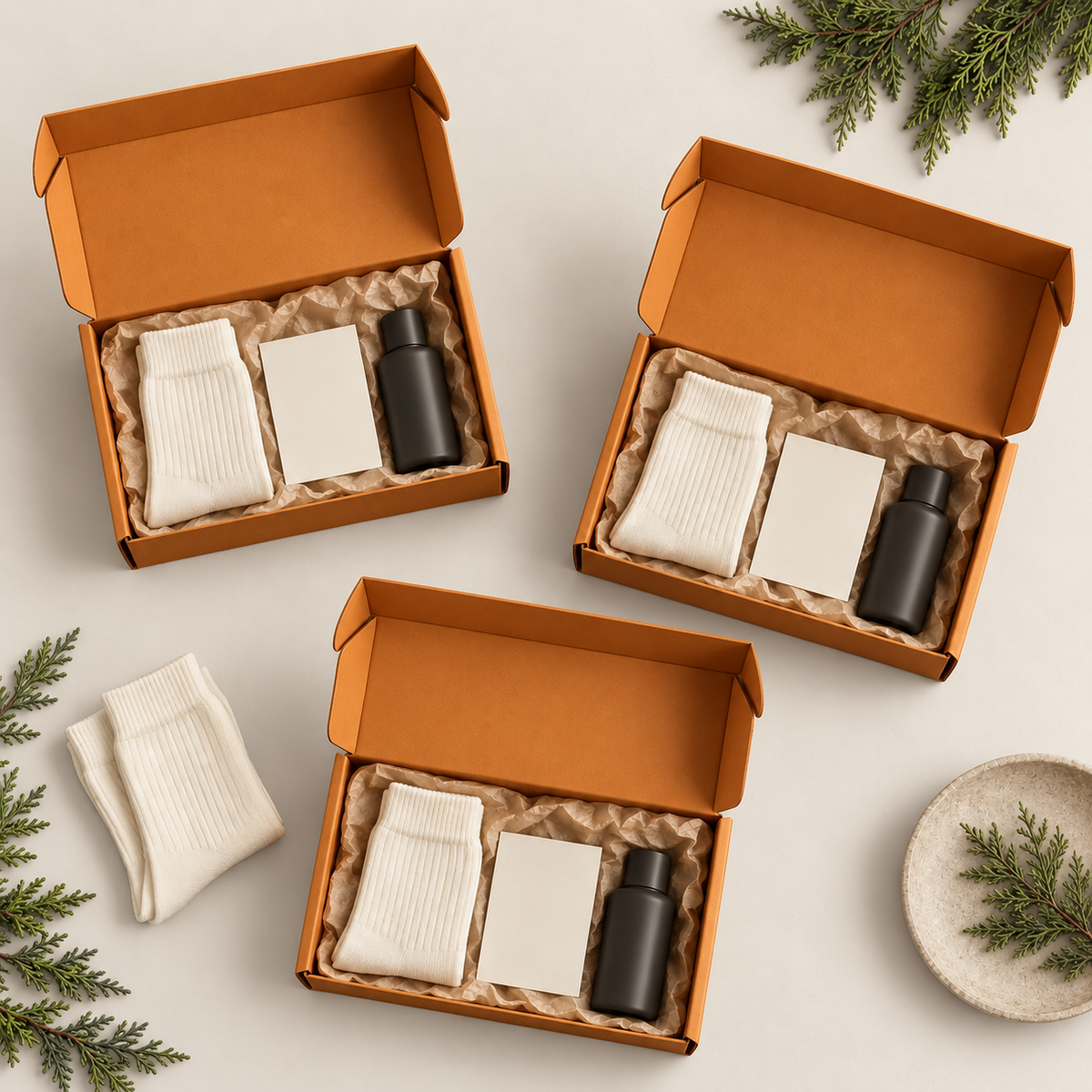 Illustrative coordinated orange mailer kits with products and inserts