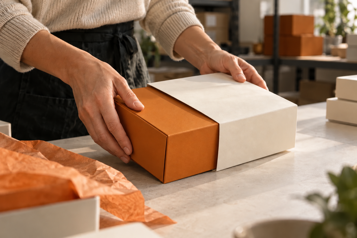 Illustrative close-up of hands carefully placing a cream sleeve around a forest-green presentation box