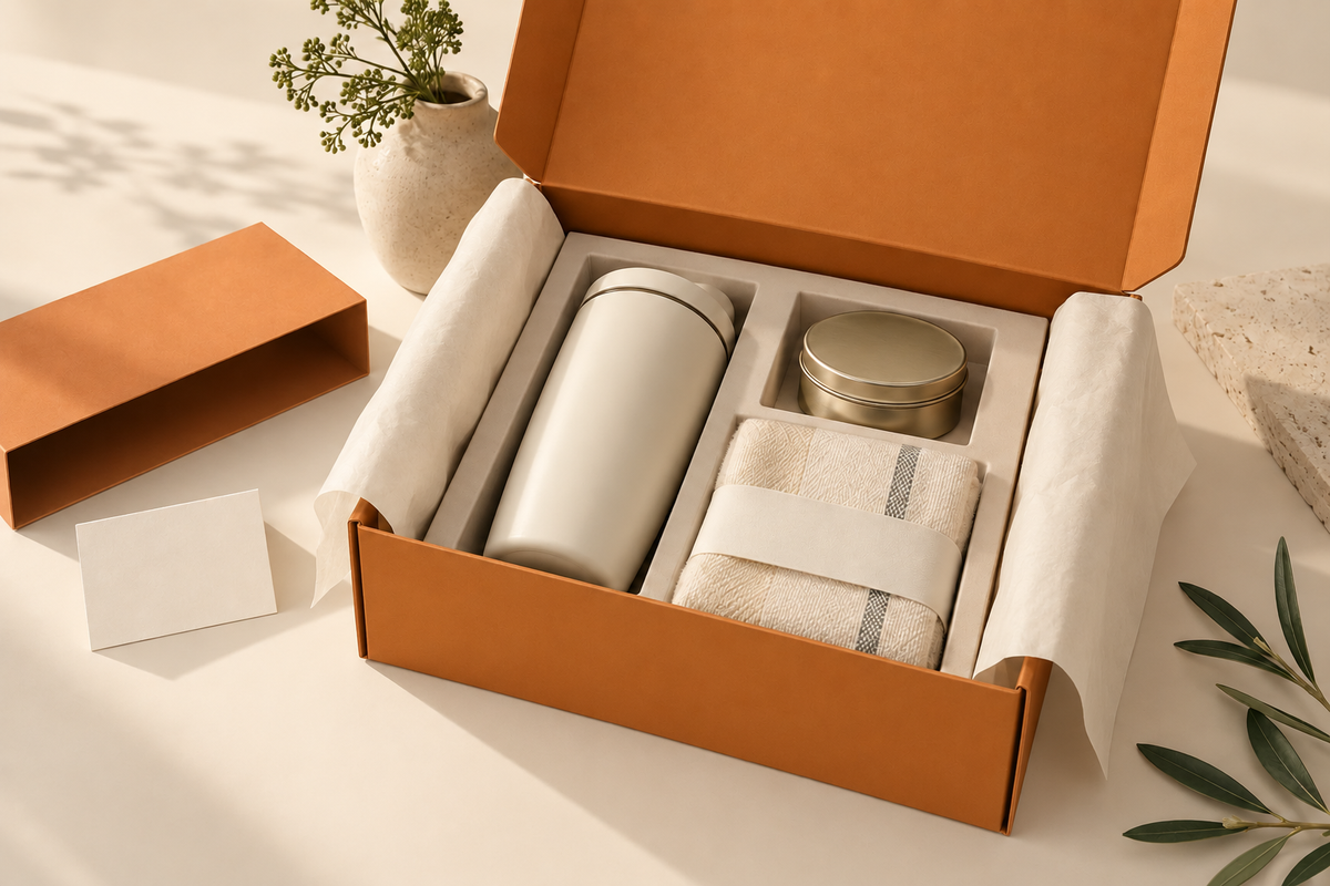 Illustrative forest-green presentation box with orange tissue, a ceramic tumbler, metal tin and folded cotton textile