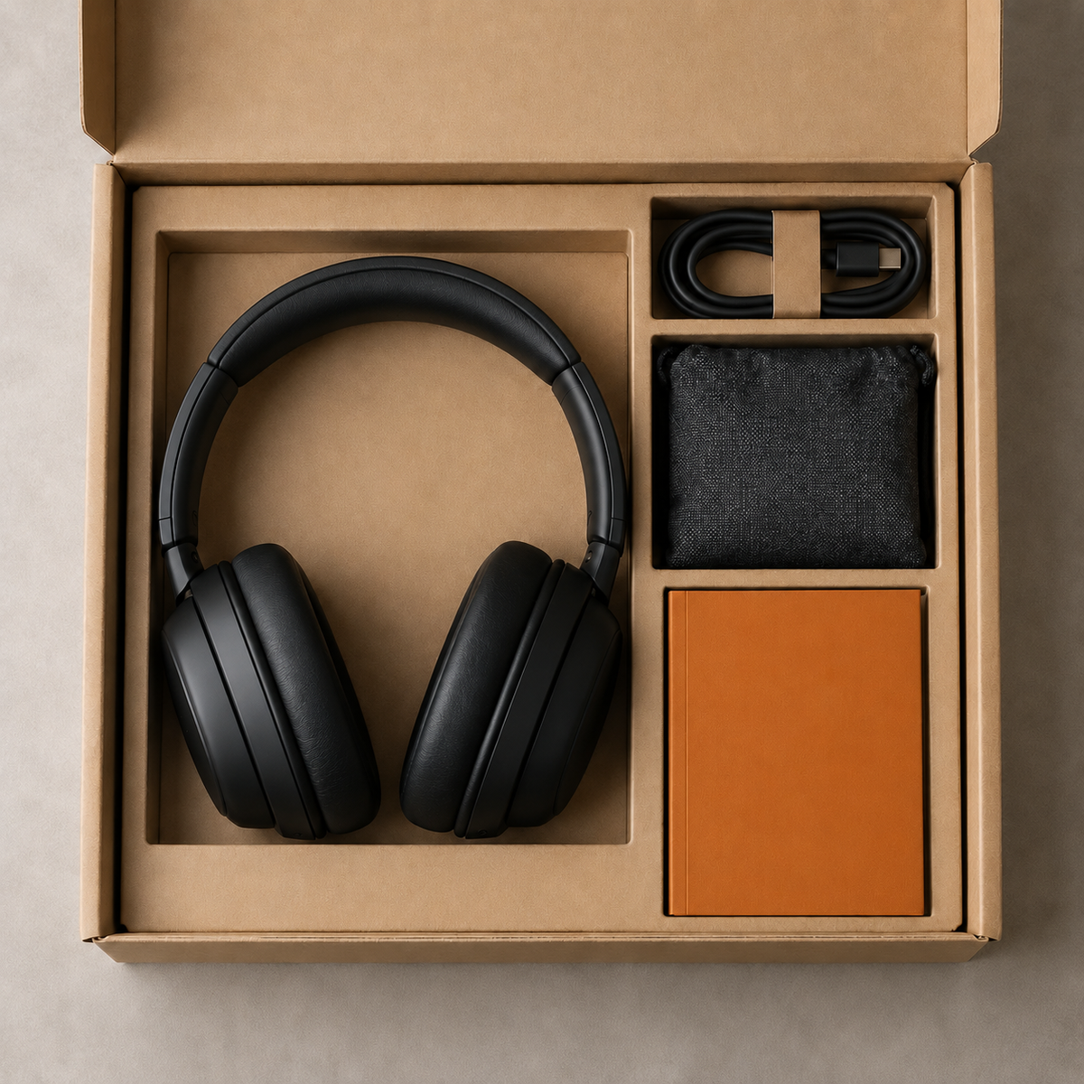 Illustrative headphones and accessories arranged as a kit