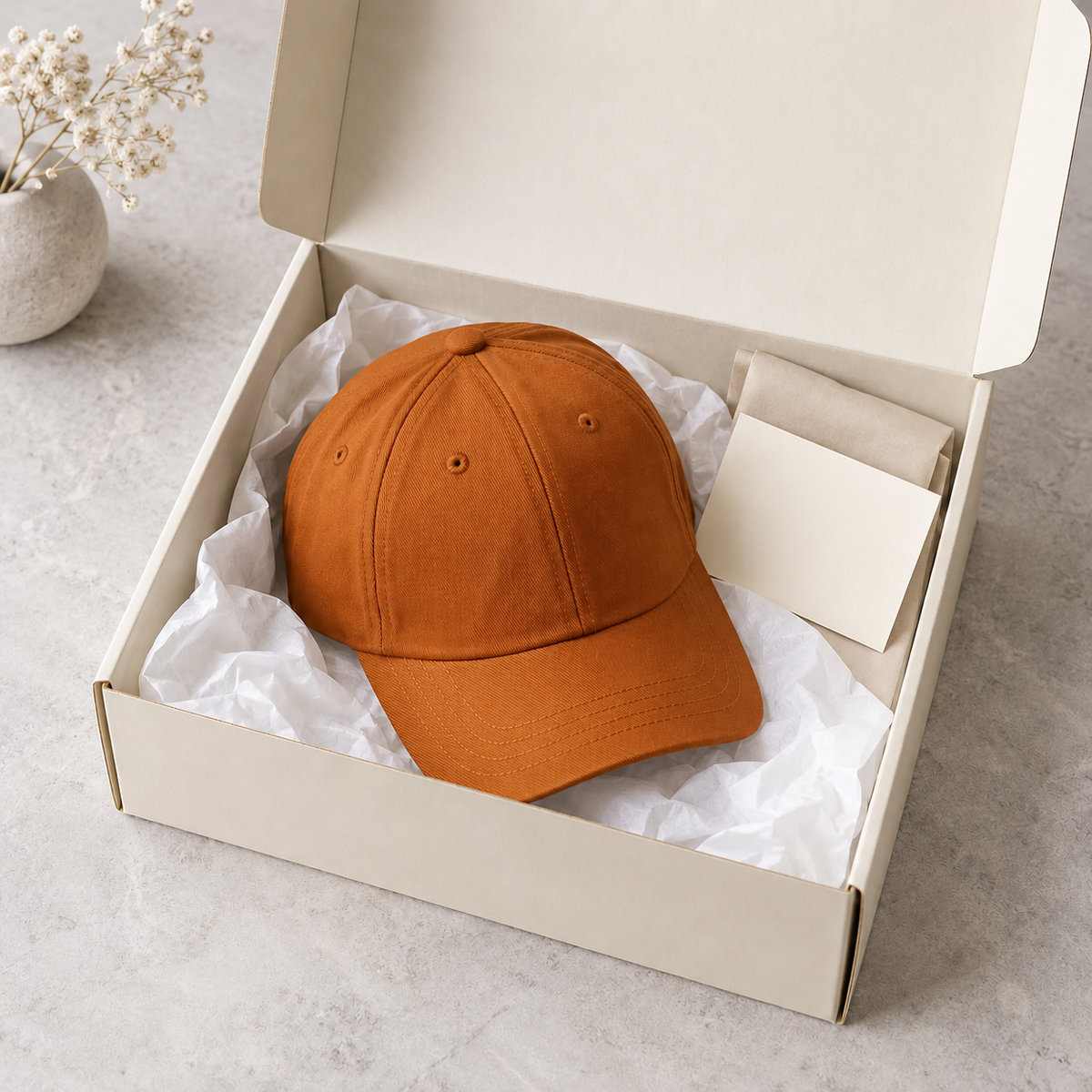 Illustrative blue cap presented in a cream box