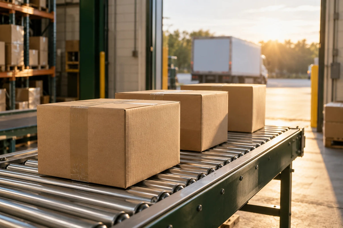 Representative sealed parcels on a roller conveyor beside a loading bay