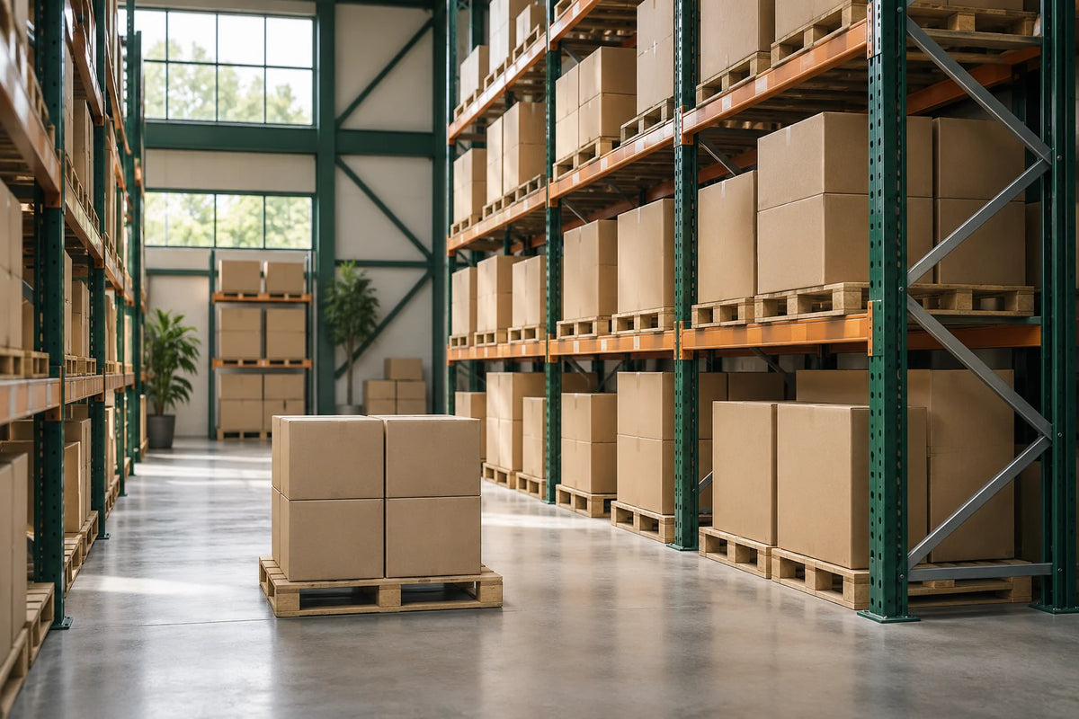 Representative warehouse aisle with orderly pallet racks and plain cartons