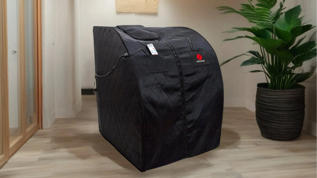 Official Therasage photograph of a black Thera360 Plus sauna